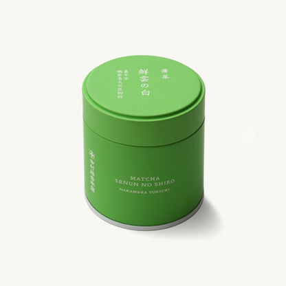 京都 宇治 中村藤吉本店の抹茶『鮮雲の白』30g 缶入。比較的、しっかりとした苦味と渋味に爽やかな後味のお茶で薄茶におすすめ。