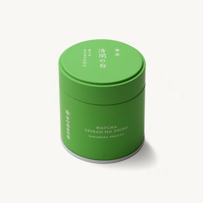 京都 宇治 中村藤吉本店の抹茶『清閑の白』30g 缶入。比較的、甘味やうま味を感じられ、飲みやすい味わいで薄茶におすすめ。