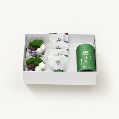 京都 宇治 中村藤吉本店のギフトセット。煎茶『清風』缶80g、抹茶、ほうじ茶のマルトベイク（フィナンシェ）各2個、生茶ゼリー抹茶2個の詰め合わせ。
