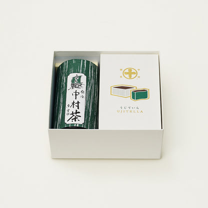 煎茶や玉露など7種の茶葉をブレンドした当店オリジナルの『中村茶（80g×1缶）』と、しっとり滑らかな食感と抹茶の深い味わい『うじていら（1箱）』の詰合せ