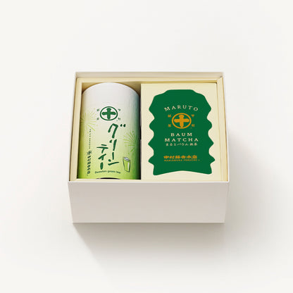 京都 宇治 中村藤吉本店のまるとバウム（バームクーヘン）の濃厚で深みのある味わいの抹茶味とグリーンティーの詰め合わせギフト。