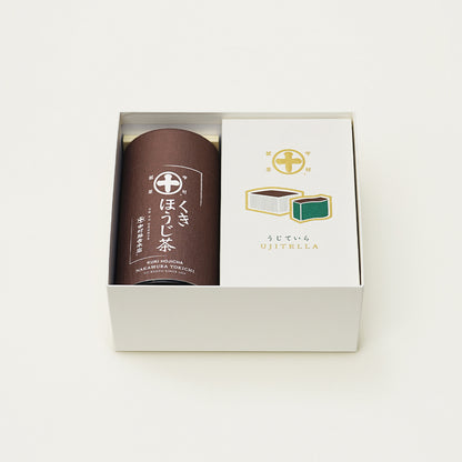 香ばしい香りとほんのりと甘みのある『くきほうじ茶（50g×1缶）』と、しっとり滑らかな食感と抹茶の深い味わいのかすていら『うじていら（1箱）』の詰合せ