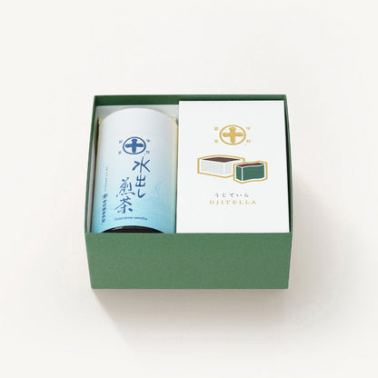 水出し専用にブレンドした『水出し煎茶（80g×1缶）』と、しっとり滑らかな食感と抹茶の深い味わいのかすていら『うじていら（1箱）』の詰合せ