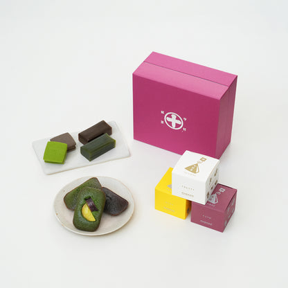 敬老の日ギフトA,さつまいもの抹茶フィナンシェ（マルトベイク）や、小柄ようかん、茶Colate、ティーバッグキュウブが入った期間限定の詰合せ