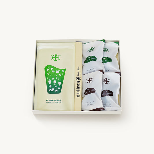 Assortment of 2 types of financiers in a green tea bag