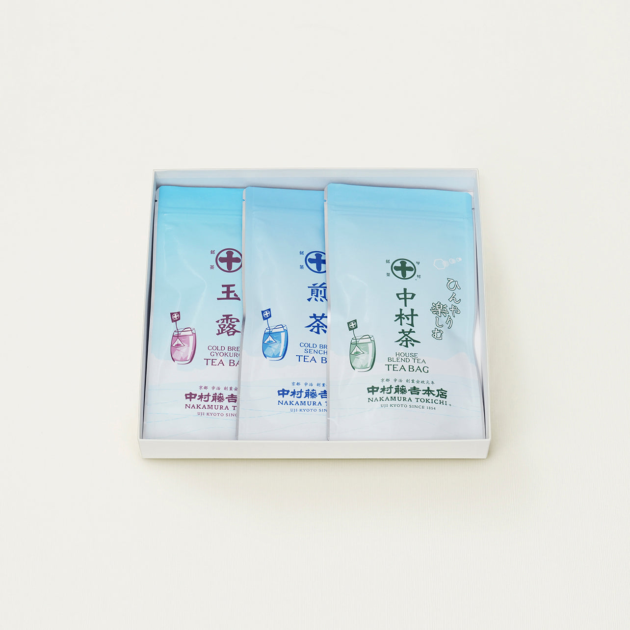 期間限定,3種の水出しティーバッグ（中村茶、煎茶、玉露）が入った詰合せ,贈り物や飲み比べにもおすすめ