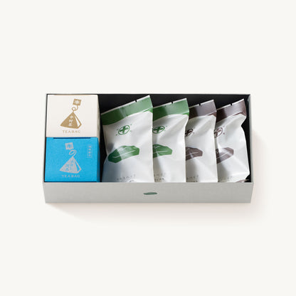 京都 宇治 中村藤吉本店のマルトベイク（フィナンシェ）、『抹茶』と『ほうじ茶』、中村藤吉本店を代表する中村茶と水出し煎茶のティーバックの詰め合わせ。