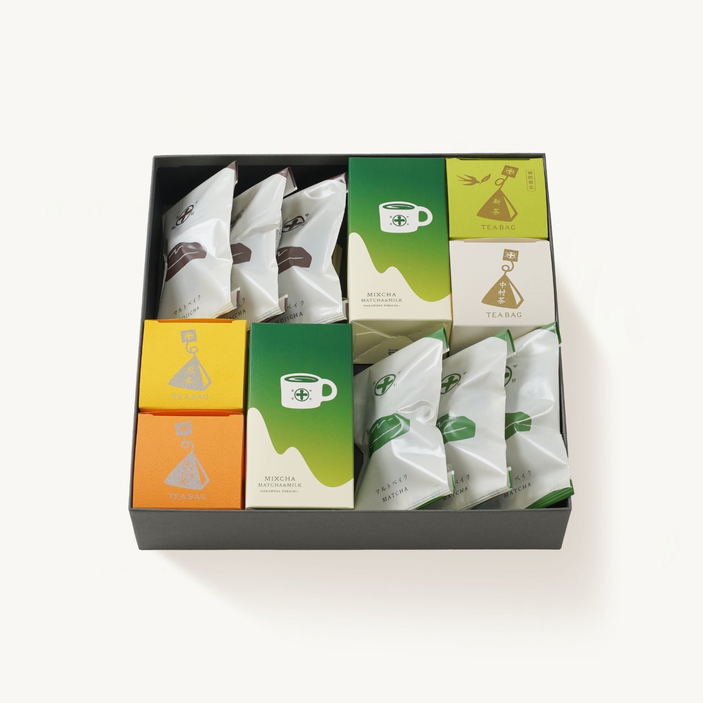 京都 宇治 中村藤吉本店のマルトベイク（フィナンシェ）、『抹茶』と『ほうじ茶』、ミクスチャ、中村藤吉本店を中村茶、新茶など４種類のティーバックのプチボックス［Cube］を詰め合わせ。