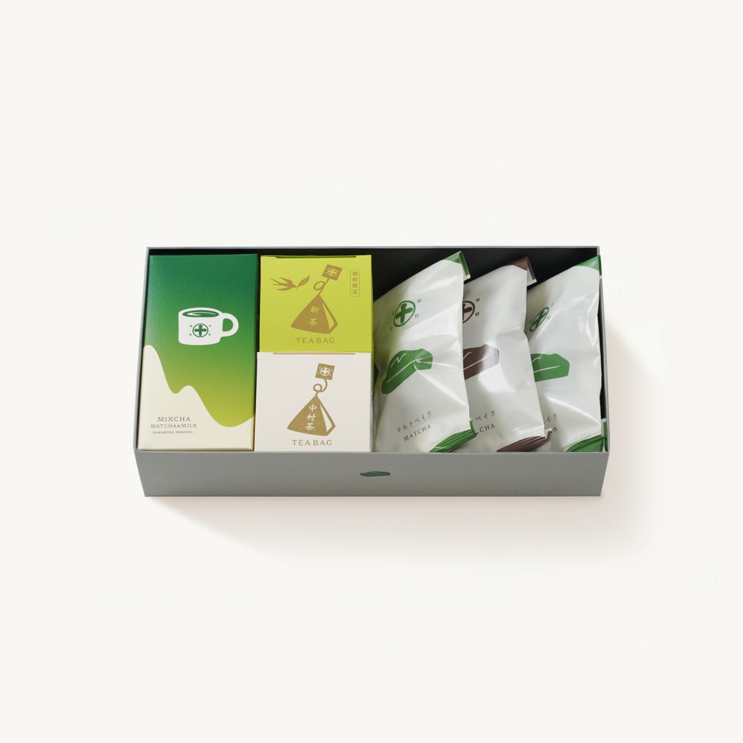 京都 宇治 中村藤吉本店のマルトベイク（フィナンシェ）、『抹茶』と『ほうじ茶』、ミクスチャ、中村藤吉本店を代表する中村茶と新茶のティーバックのプチボックス［Cube］を詰め合わせ。