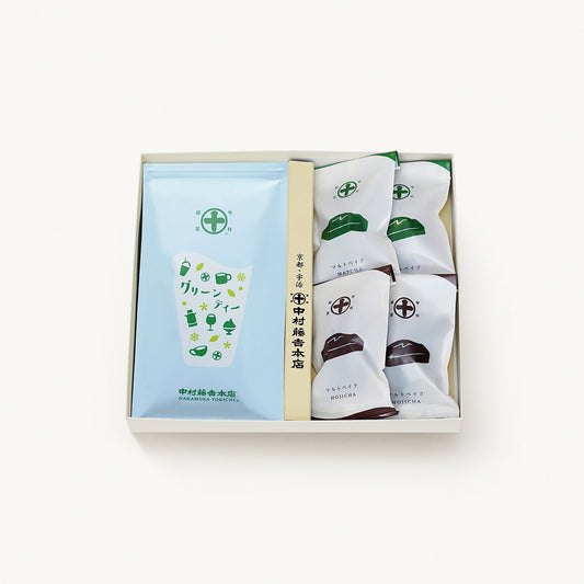 Assortment of 2 types of green tea bags and malt bakes