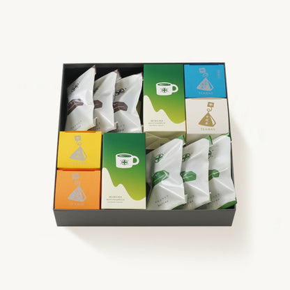京都 宇治 中村藤吉本店のマルトベイク（フィナンシェ）、『抹茶』と『ほうじ茶』、ミクスチャ、中村藤吉本店を代表する中村茶をはじめ４種類のティーバックのプチボックス［Cube］を詰め合わせ。