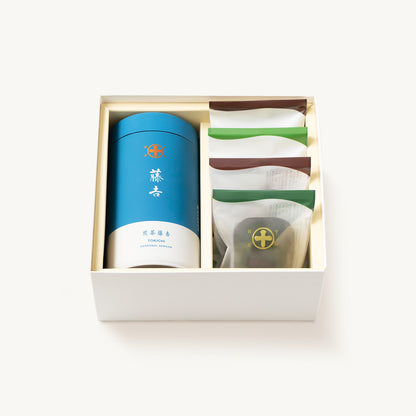 秋冬限定の［煎茶］藤吉や、渋皮栗が入った季節のマルトベイク、抹茶、ほうじ茶のマルトベイクの詰合せ。お歳暮や冬のご挨拶に。