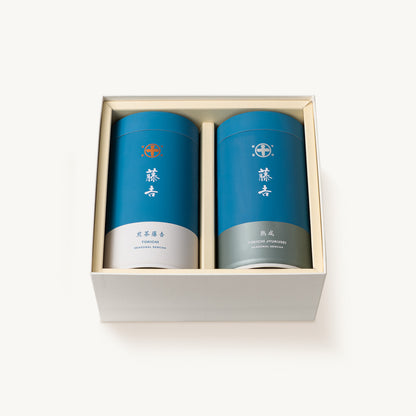 京都・宇治 中村藤吉本店「藤吉シリーズ」の煎茶ギフト。煎茶藤吉と煎茶熟成の80g缶、化粧箱入りの詰め合わせセット。