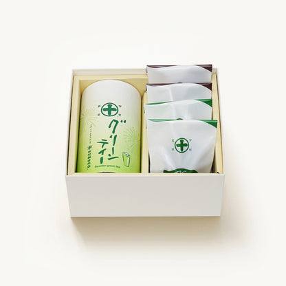 京都 宇治 中村藤吉本店のマルトベイク（フィナンシェ）、抹茶とほうじ茶各2個と、グリーンティー缶の詰め合わせギフト。